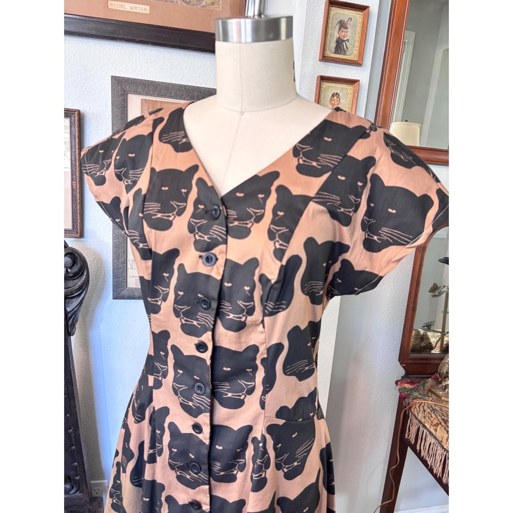 Nooworks OOP Panther Print Button Down Dress Tan Black Short Sleeve Medium - Picture 11 of 12